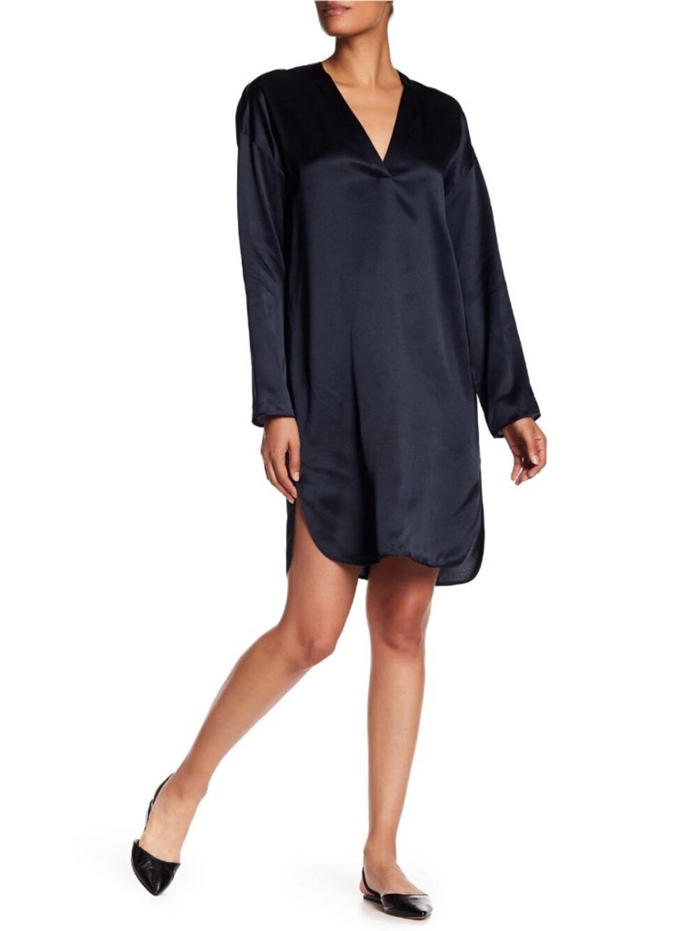 VINCE V-neck 100% Silk Tunic Long Sleeve Coastal Blue Dress Size L
